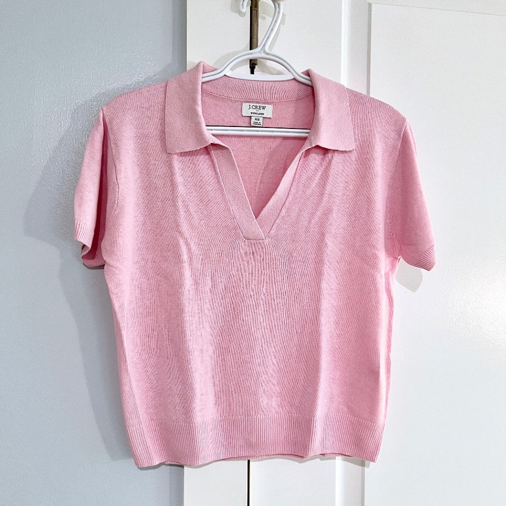 J. Crew Linen-blend short-sleeve polo sweater, pink, like new